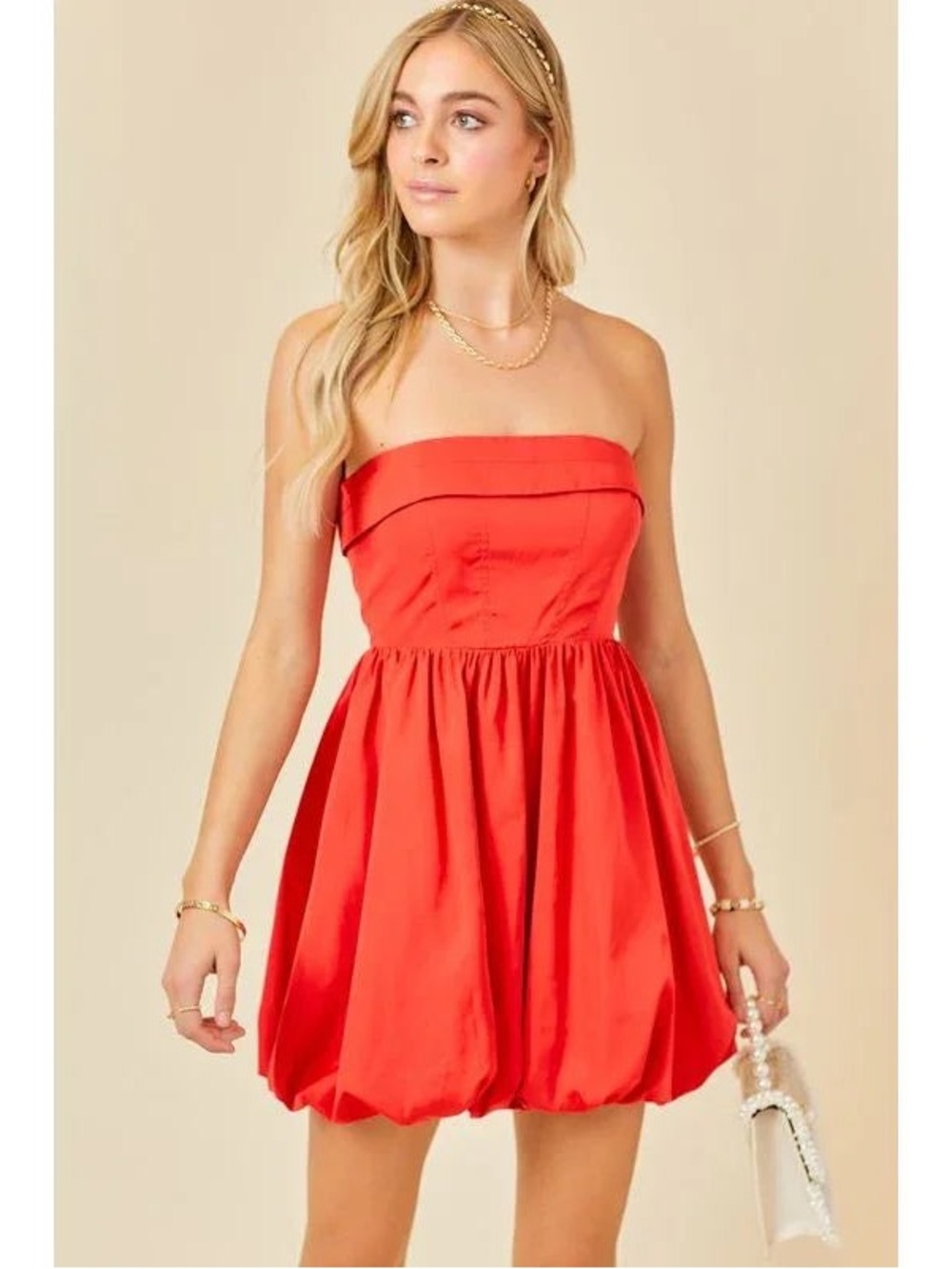 Strapless Red Mini Bubble-Hem Dress